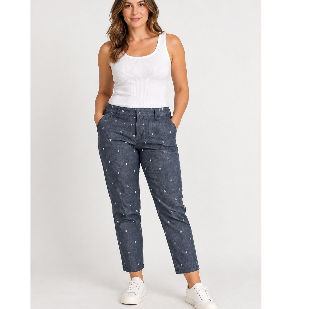 Liz Claiborne Womens Anchor Print Nautical Chambray Blue Cotton Pants 10